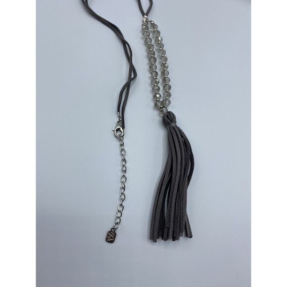 You and I Suede Tassel necklace Gray Crystal Long Necklace 32" + 4.5" - Picture 3 of 9